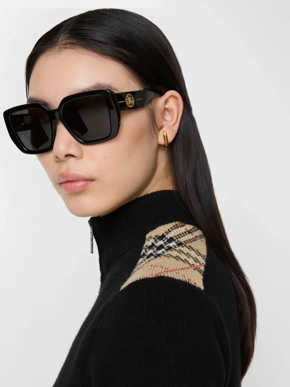 Black Oversized Cat-Eye Sunglasses with Gold Accents